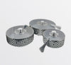 Display set of 3 handmade round boxes in leather and glass